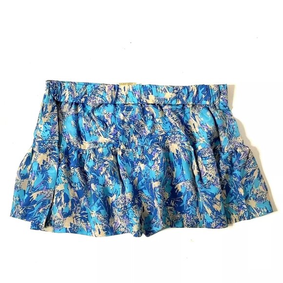 Rieley Blue Tan Paperbag Ruffle Shorts 100% Silk Feminine Summer - Picture 3 of 5